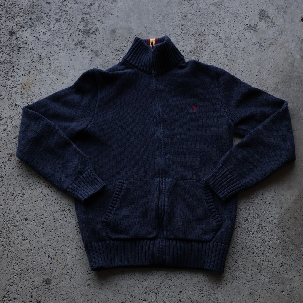 Polo Ralph Lauren Boys Full Zip Sweater Size L 14-16 Navy Cotton Knit Pony